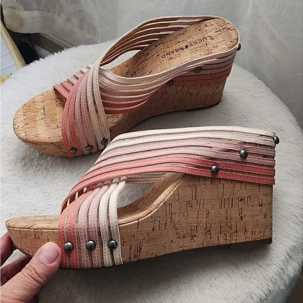 Lucky Brand Mykayla Canyon Clay Ombre Cross Strap Cork Wedge Platform Size 8.5